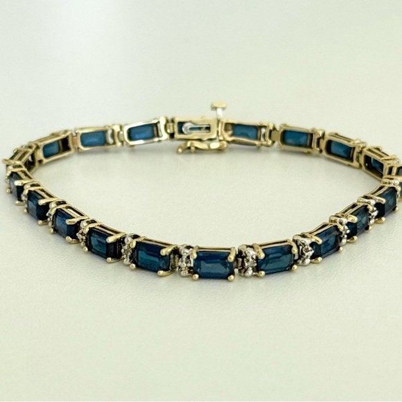 Solid 14k Yellow Gold Sapphire & Diamond Tennis Bracelet - Picture 4 of 16